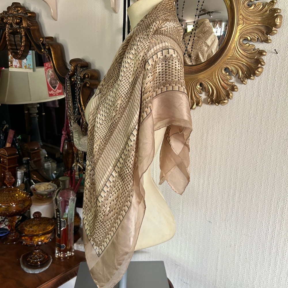 Vintage Tan & Cream Silk Chiffon Scarf - Picture 6 of 13